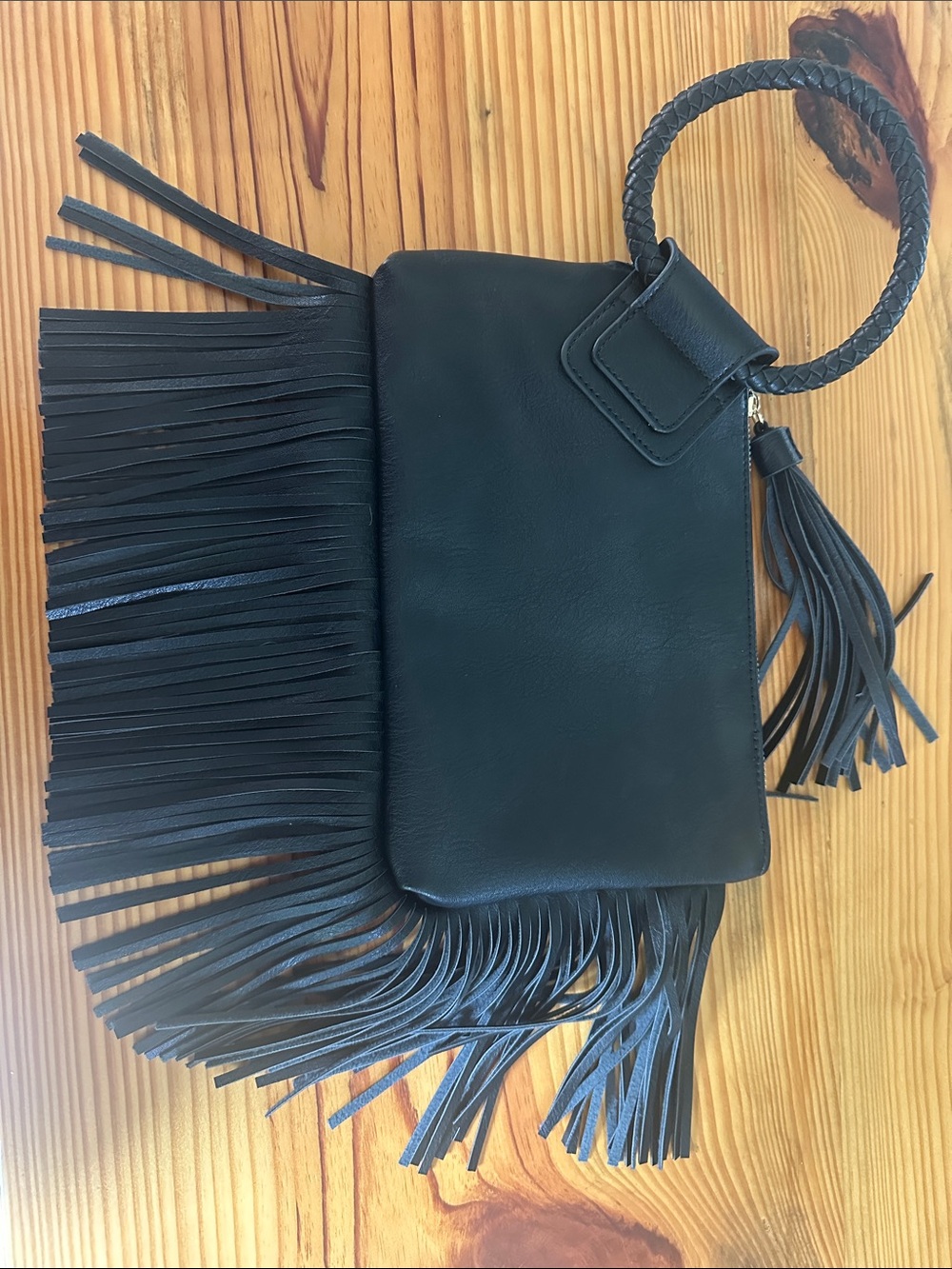 Black Fringe Calin Wristlet Bag with Braided Handle